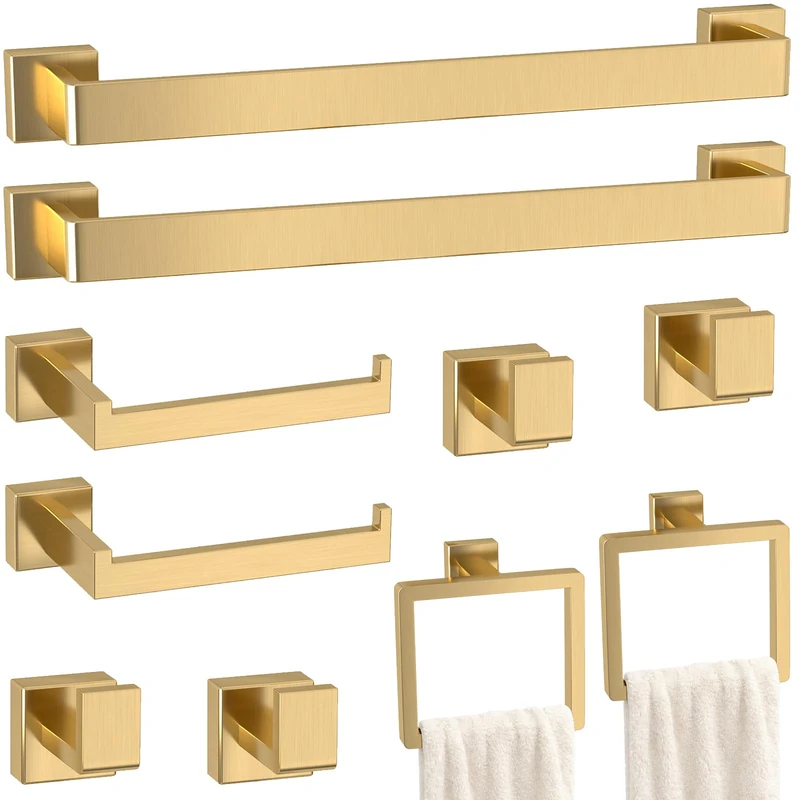 Bathroom Accessory Towel Bar Set: 10 Pieces Gold Square Bathroom Hardware SUS304 Stainless Steel - 24 Inch Wall Mounted Towel Rack&Toilet Paper Holder&Towel Ring and Towel Hook