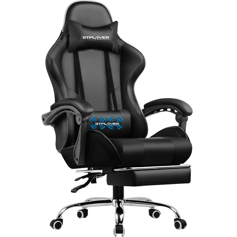 GTPLAYER Gaming Chair, Massage Computer Chairs with Footrest, Headrest and Lumbar Support Height Adjustable Ergonomic 360°-Swivel PC Chair Black