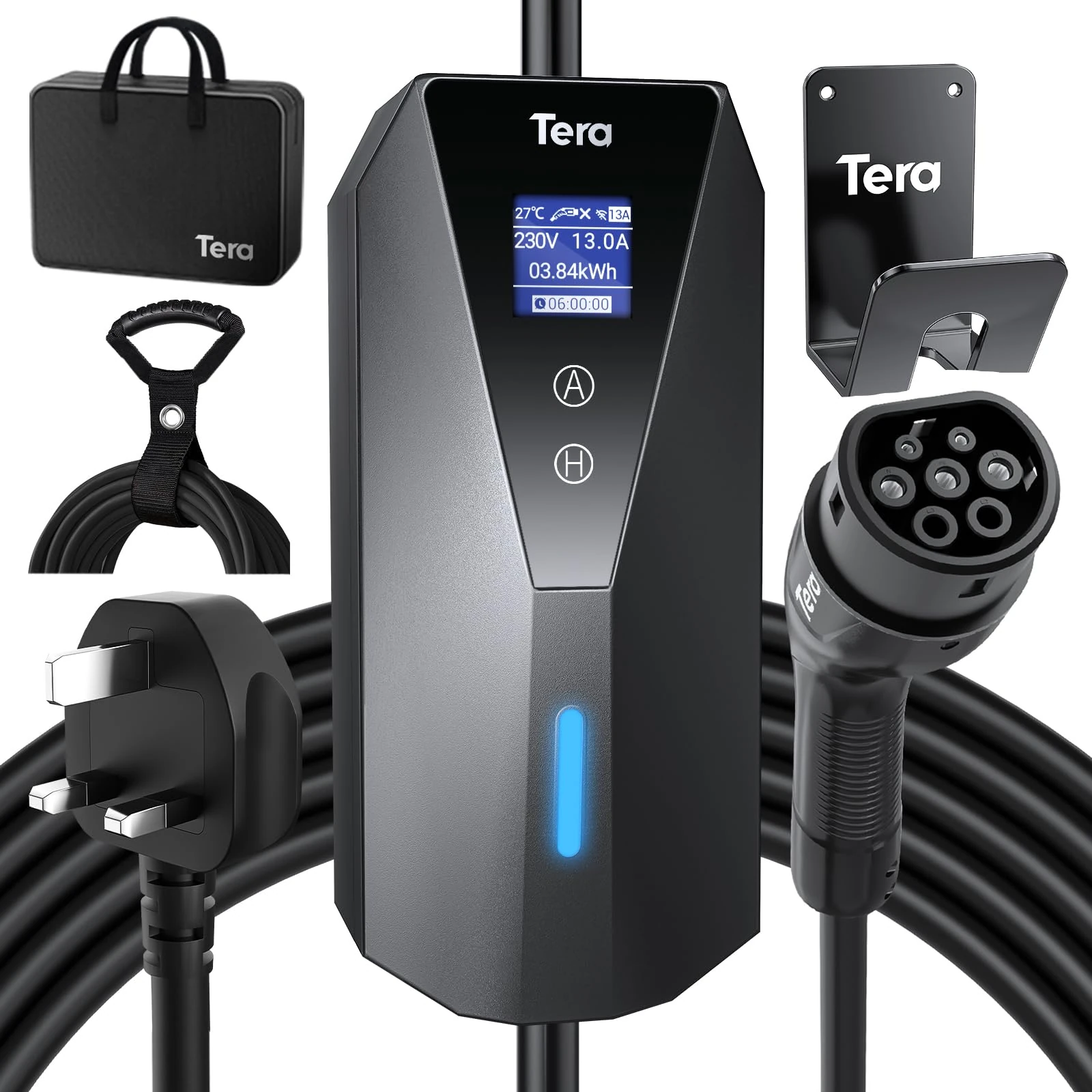 Tera EV Charger Portable Type-2: EV Wallbox for Outdoor Charging 7meter Charging Label 16A 3.84kW UK 3PIN Plug Adjustable Strom IP66 LCD Screen with Cable Holder Storage Bag P02