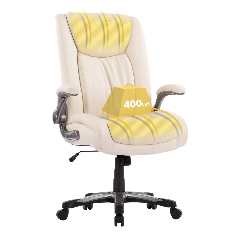 COLAMY Big and Tall Office Chair 400lbs, Large Heavy Duty High Back Executive Computer Office Desk Chair Flip-up Arms Wide Thick Seat for Home Office (Ivory) - Image 1