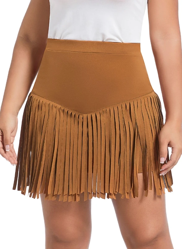 Ella Lust Womens Western Cowgirl Fringe Skirt - Country Concert Outfit Rodeo Tassel Booty Pole Dance Rave Festival Bottoms(Brown,M,11161r)