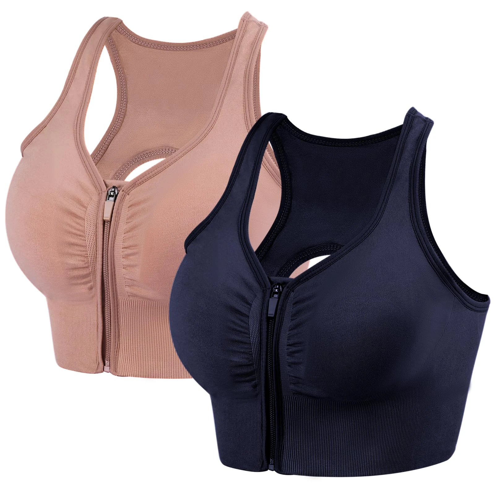 dowskwx 2 Pack Sports Bras for Women Zip Front Closure Yoga Bra Seamless Wirefree Padded High Impact Running Gym Workout Bras (Navy Pink, XL)