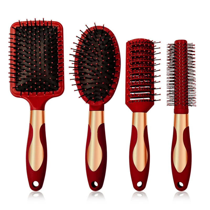 Anti Static Hair Brush Set - Oval, Round & Detangling Brushes - Vented Paddle Brush - Massage Bristles for Women & Men - Red