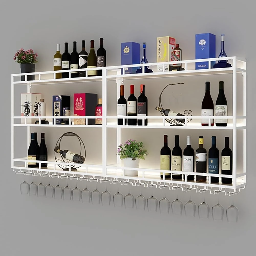 Large Wine Rack Wall Mounted with Led Lights, Industrial Metal Bar Unit Floating Shelves Glass Holders, Liquor Bottle Display Shelf for Kitchen Home Bar Cafe(Size:200x86x20cm,Color:White)