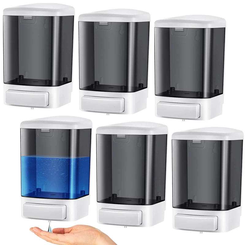 Hushee 6 Pcs Plastic Wall Mounted Soap Dispenser Commercial Manual Soap Dispenser Containers for Kitchen Shower Hotel Liquid Shampoo Gel Chamber(Black,33.8 oz 1000 ml)