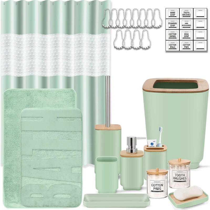 Bathroom Accessories Set, Green Bathroom Set, 24-Piece Bathroom Accessories Set with Shower Curtain, Trash Can for Bathroom Accessories, Decoration and Home Gifts