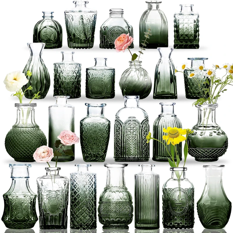 KOIUEYW Glass Bud Vases Set, 24 Pcs Light Green Glass Vases Vintage Clear Small Green Vases for Centerpieces, Green Rose Vase Mini Vases for Flowers Rustic Wedding Decorations Table Home Decor