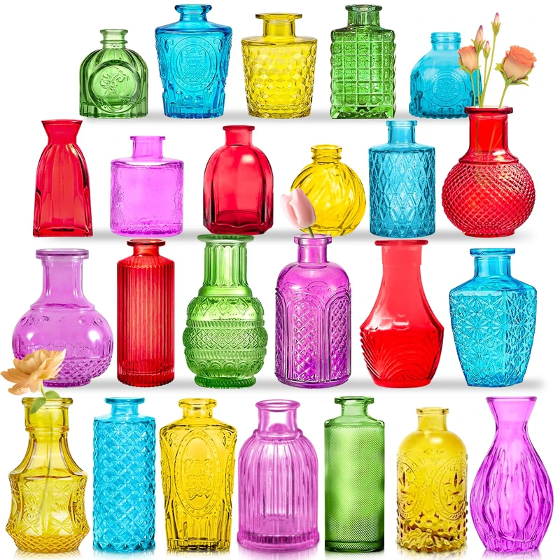 KOIUEYW Colored Glass Bud Vases Set of 24, Vintage Small Vases for Flowers, Crystal Mini Vases Bud Vases in Bulk, Small Flower Vases for Centerpieces Wedding Decorations Home Party Decor