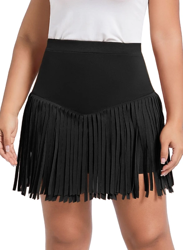 Women Plus Size Fringe Cowgirl Mini Skirt - Western Country Concert Rodeo Outfit High Waisted Tassel Boho Bottoms, Black, XXL