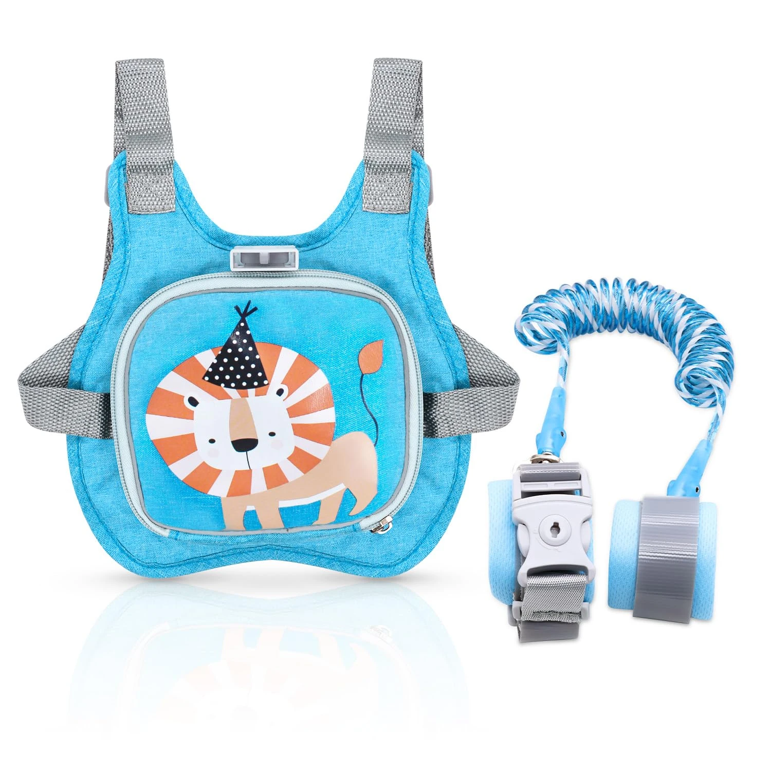 Children's Reins, Baby Reins for Walking Harness 1-5 Years, Toddler Backpack with Reins Lock Reflective and Anti Lost Safety Wrist Link Belt for Boys and Girls Gift (Blue Lion 1.5m)