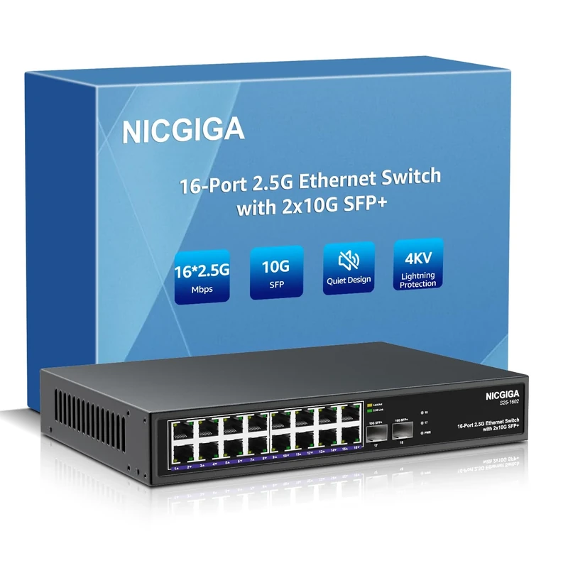 16 Port 2.5G + 2 Port 10G SFP+ Ethernet Switch, NICGIGA 18 Port 2.5Gb Network Switch Unmanaged, Plug & Play, Desktop or 19-inch Rack Mount, Fanless Metal Design.