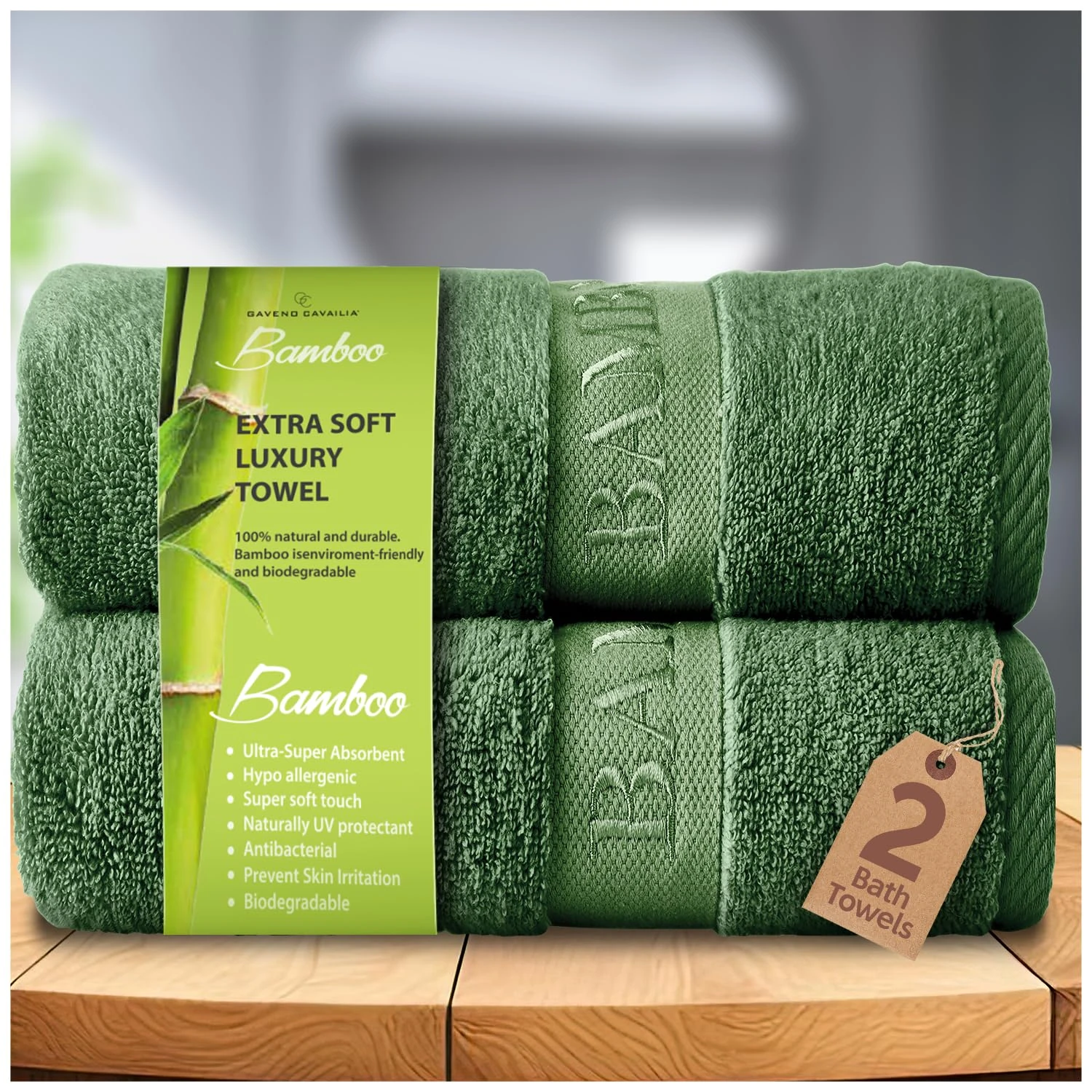 GC GAVENO CAVAILIA Large Bath Towel Bamboo Towels 2 Pack (70x120cm) - Highly Absorbent Quick Dry Towels (40% Cotton, 60% Bamboo) - Washable Bathroom Towel Green - 500 GSM