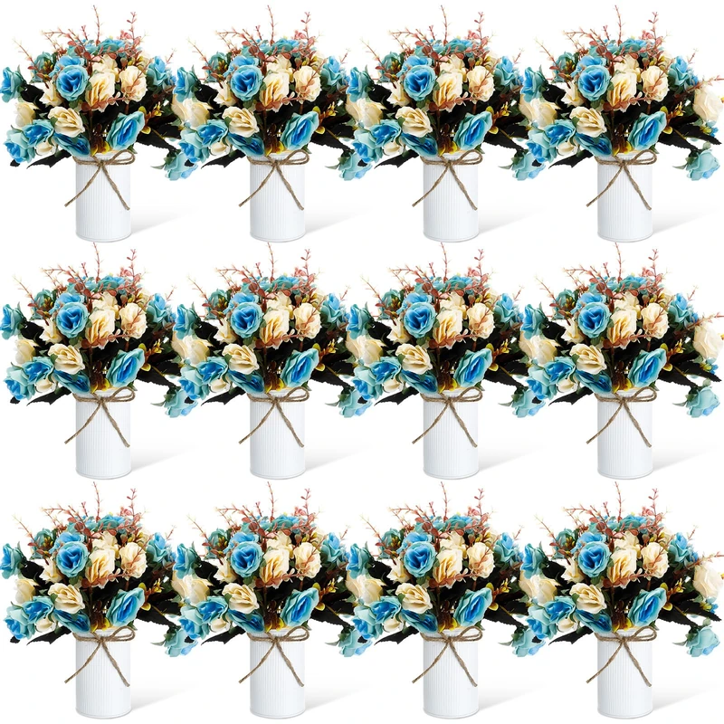 Domensi 12 Sets Wedding Centerpiece for Table Artificial Rose with Vase Fake Bouquets and Metal Pot Flower Arrangements for Bridal Shower Birthday Party Event Table Decor (Teal)