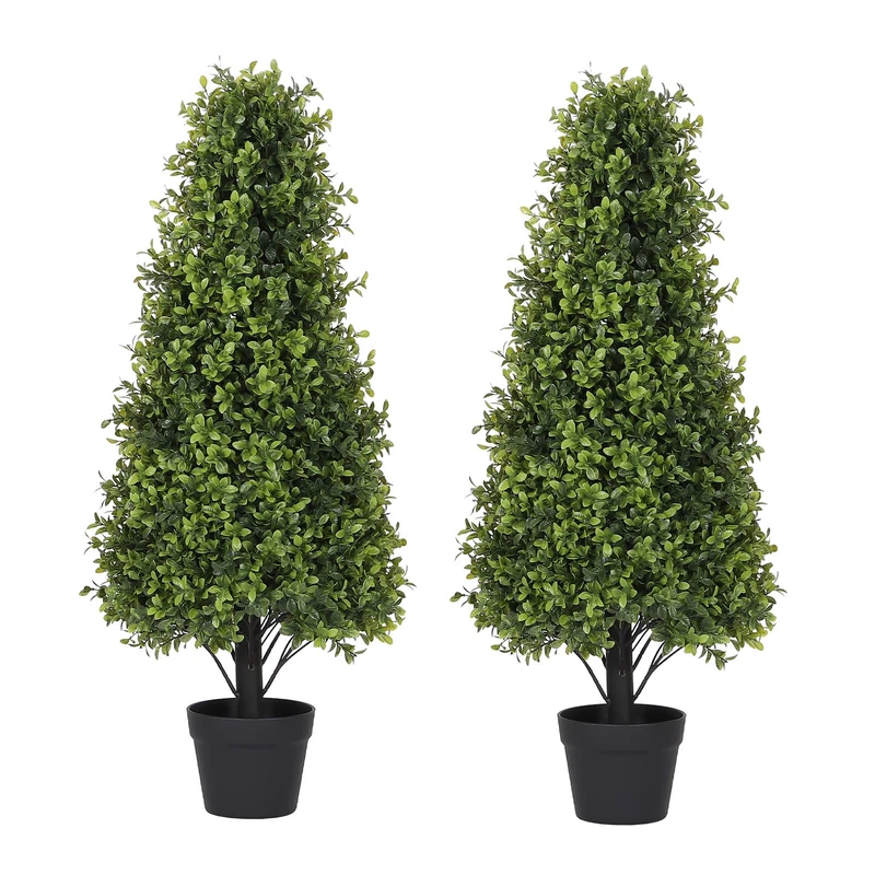 Azoco 3ft Artificial Boxwood Topiary Trees (Set of 2) - UV Resistant Faux Plants Outdoor, Realistic 36" Fake Cone Bushes and Shrubs for Front Porch, Planter, Patio - Low Maintenance & Evergreen
