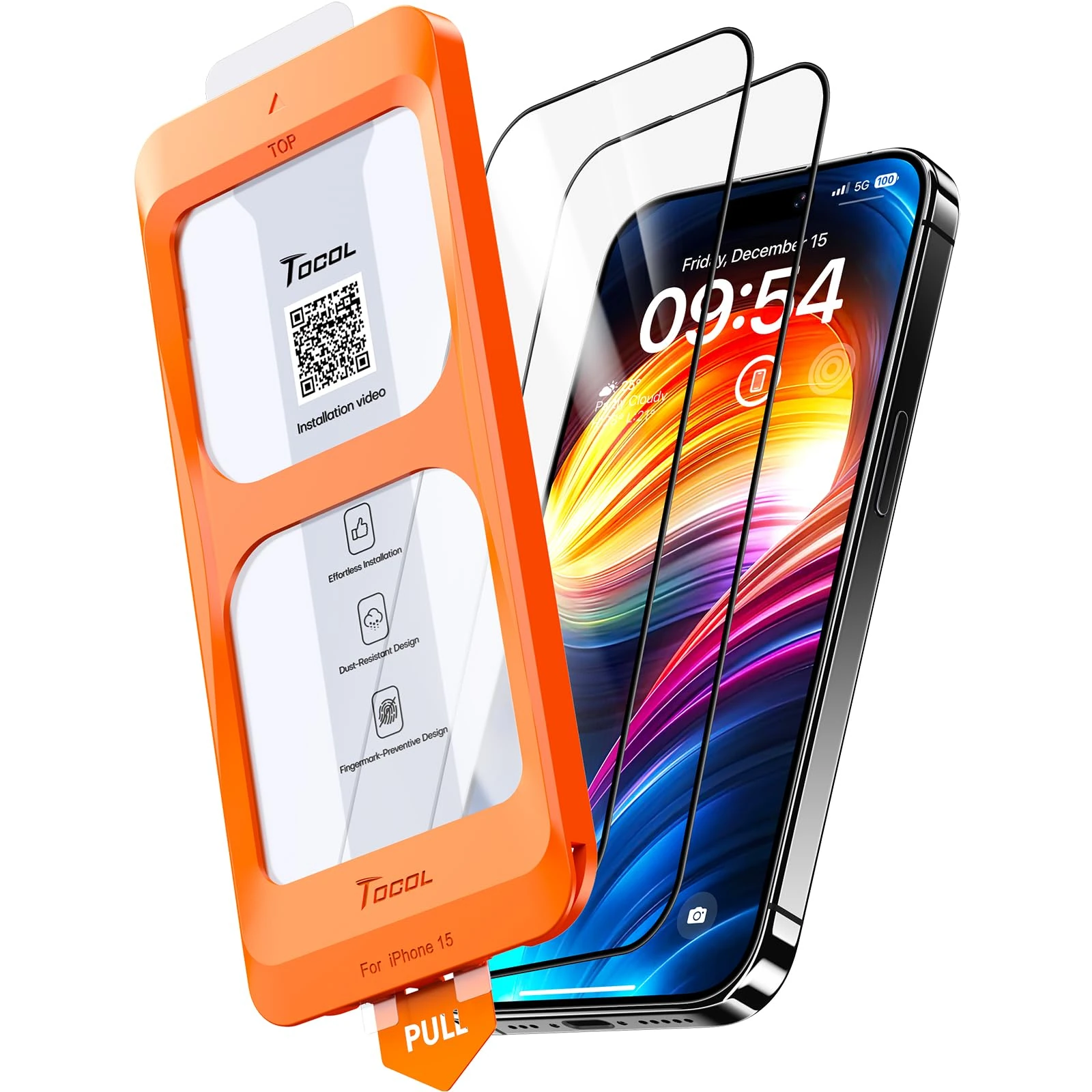 TOCOL 2 Pack for iPhone 15 Screen Protector 6.1-Inch, Instant Installation, 14FT Military Grade Shatterproof, Case Friendly, HD Clear Tempered Glass 9H+ Hardness, Full Coverage Protection