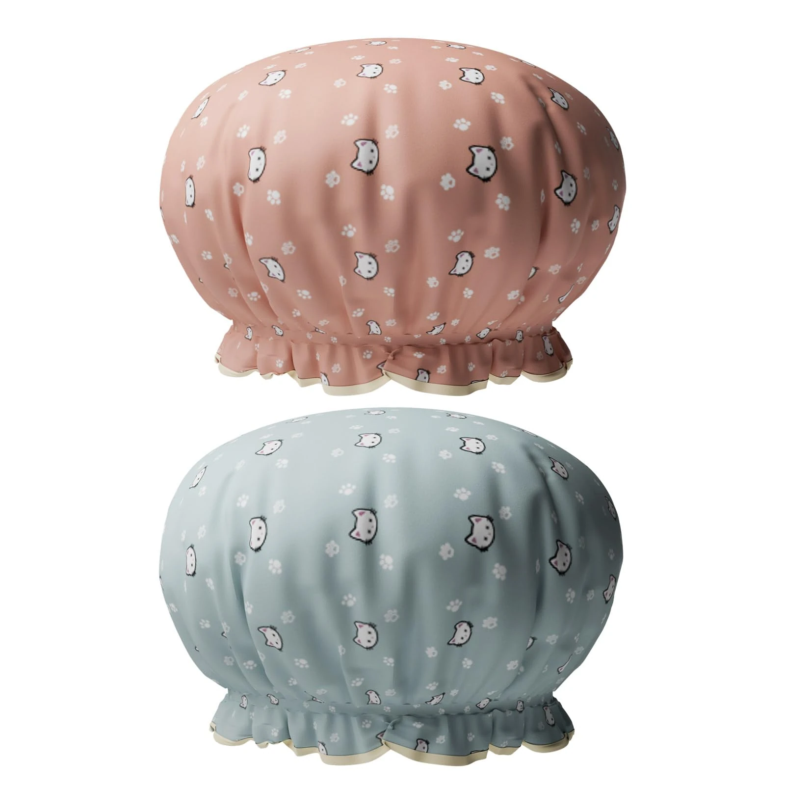 2 Packs Shower Cap Elastic Band Waterproof Bath Caps Double Layers Reusable With Ruffled Edge Covering Ears for Girls and Women