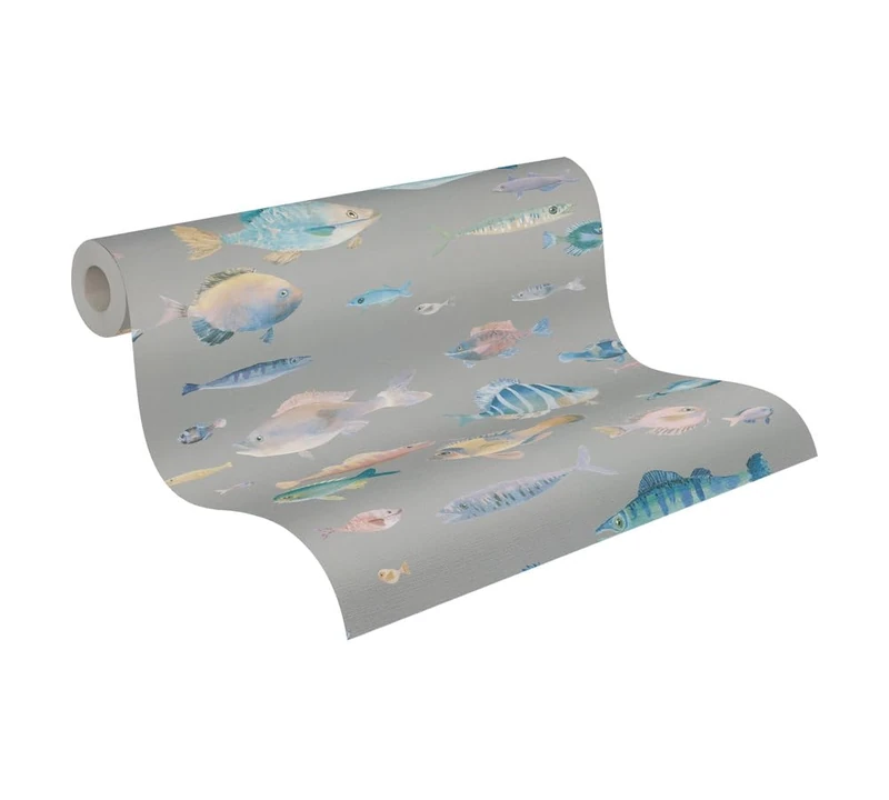 A.S. Création Non-Woven Wallpaper with Fish in Grey Colourful Blue - High-Quality Wallpaper Animals 396961 - Wall Wallpaper for Living Room Study - 10.05 m x 0.53 m - Made in Germany