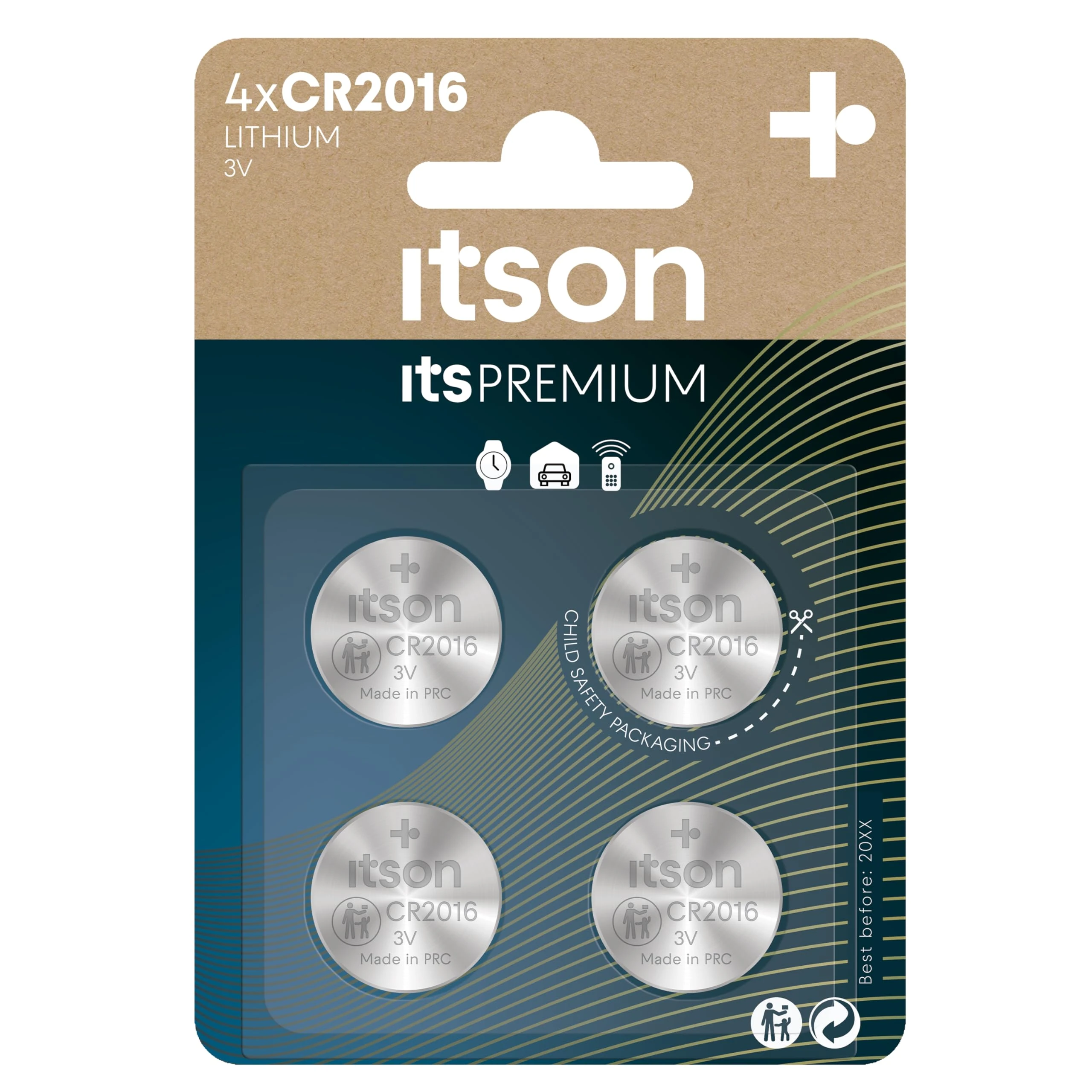 ITSON, CR2016 battery, 3V, coin lithium battery, pack of 4, best for car keys, watches and heart rate monitors