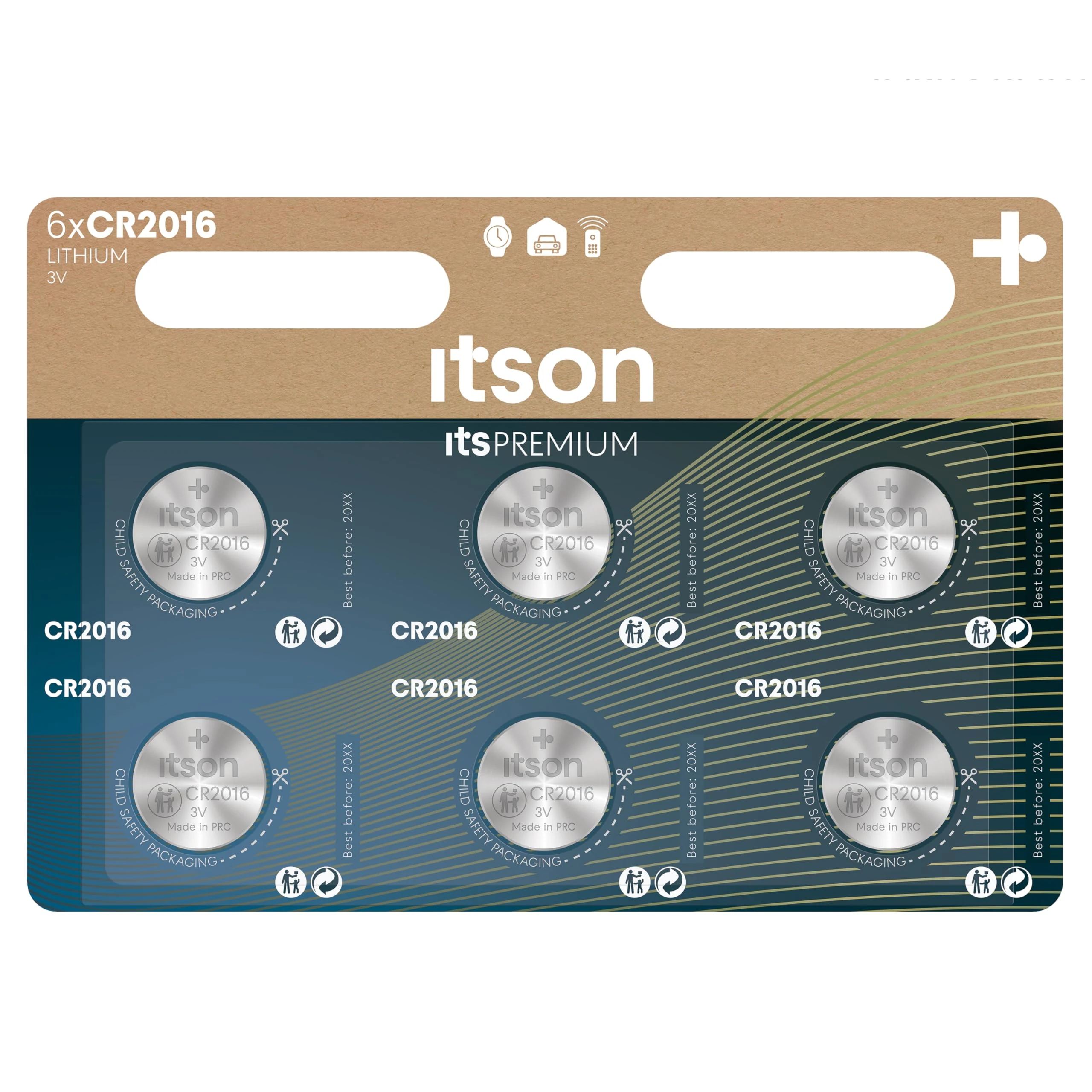 ITSON, CR2016 battery, 3V, coin lithium battery, pack of 6, best for car keys, watches and heart rate monitors