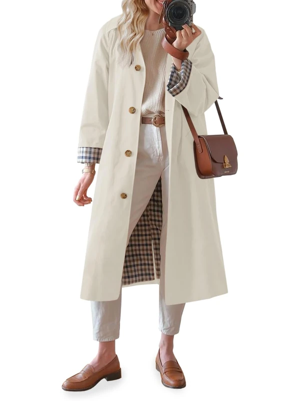 Tankaneo Womens Long Trench Coat Single Breasted Oversized Windproof Overcoat Fashion Outerwear, Apricot, Large
