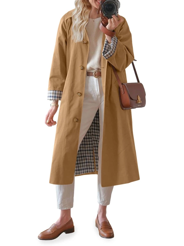 Tankaneo Womens Long Trench Coat Single Breasted Oversized Windproof Overcoat Fashion Outerwear, Camel, Small