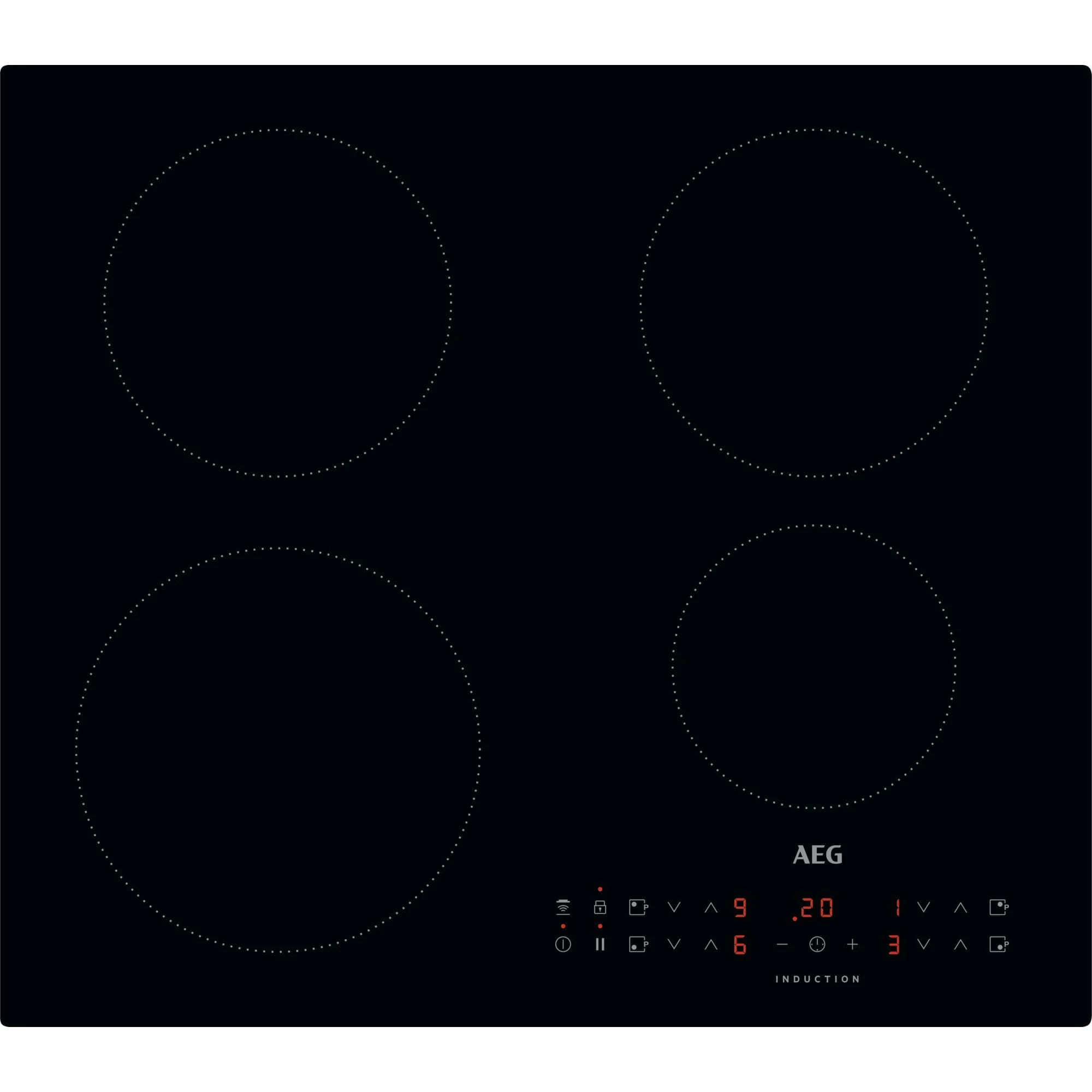 AEG 3000 Series Induction Hob, IKX64301CB, 4 Cooking Zones, 60cm, Hob2Hood Function, Built-In Hob, Felixible Bridge Zones, Key-lock, Booster, Automatic Heating-Up, LED Indicators, 44x560x490mm, Black