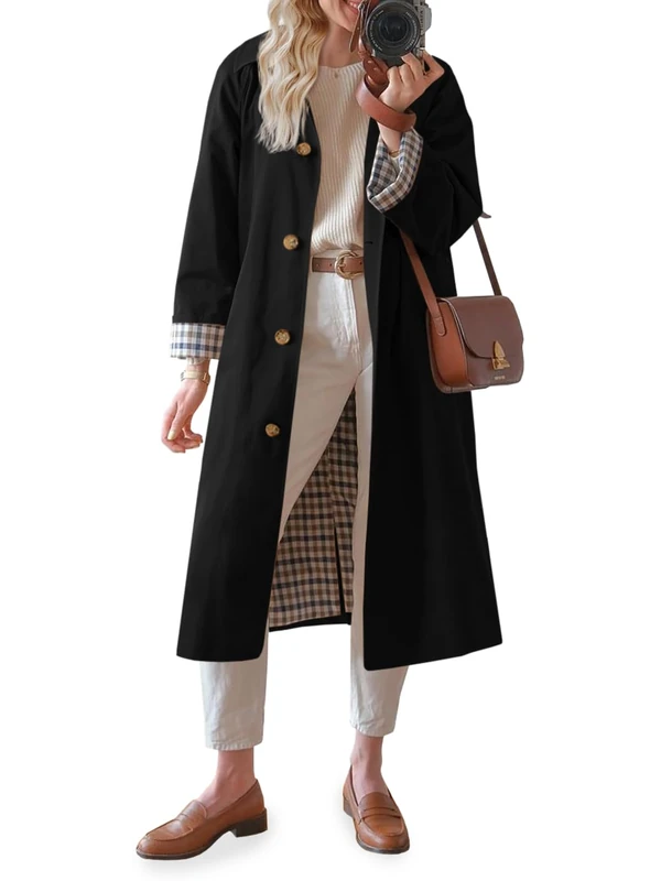 Tankaneo Womens Long Trench Coat Single Breasted Oversized Windproof Overcoat Fashion Outerwear, Black, Medium
