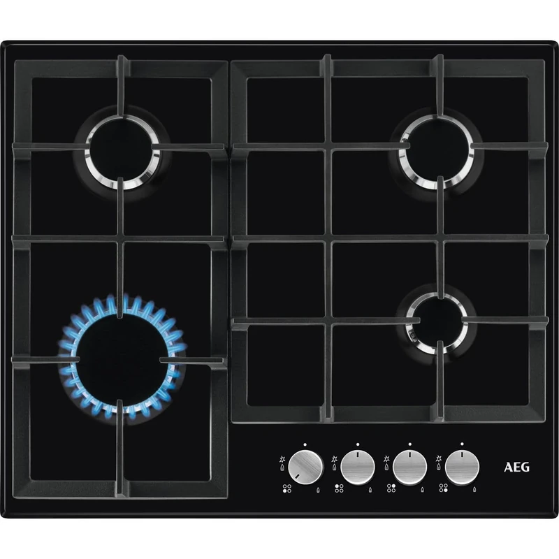 AEG 3000 Gas Hob 60cm, 4 Cooking Zones HGX64200SB, Iron Grid Pan Supports, Speed Burners, Integrated ignition, Automatic Gas Shut-off, Quick Heat Up, Less Energy Consumption, 594x510mm, Black