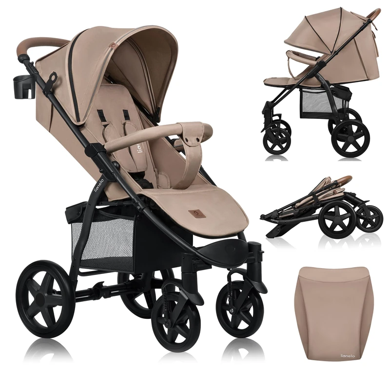 LIONELO Pushchair from Birth up to 22 kg Annet Plus Light & Foldable Stroller with Reclining backrest to a Lying Position, EVA Foam Wheels, Mosquito Net, Footblanket, Drink Holder, Basket, XXL Hood