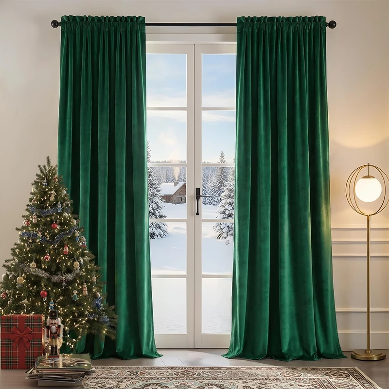 Nemia Emerald Green Velvet Curtains for Bedroom Window, Rod Pocket Thermal Insulated Luxury Vintage Heavy Blackout Curtain Velvet Drapes for Living Room Darkening, W53 x L108 inches, 2 Panels