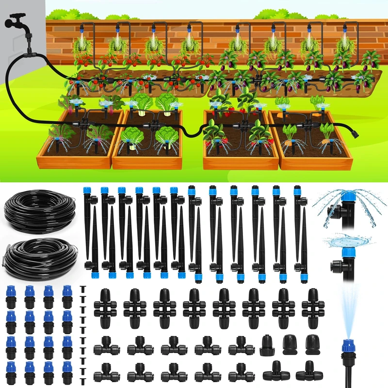 Bonviee 230FT Drip Irrigation System with Quick Connector, New Automatic Drip Irrigation Kits for Garden Raised Bed Greenhouse- A Complete Watering System with 1/4'' Tubing, Drip Emitters, Connectors