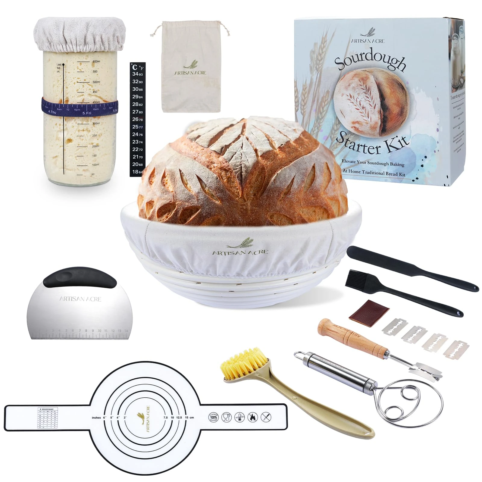 ARTISAN ACRE Sourdough Bread Baking Supplies 22 PCS - Complete Sourdough Starter Kit With Jar 10" Round Banneton Bread Proofing Basket - Sourdough Kit Bread Making Accessories - Sour Dough Kit