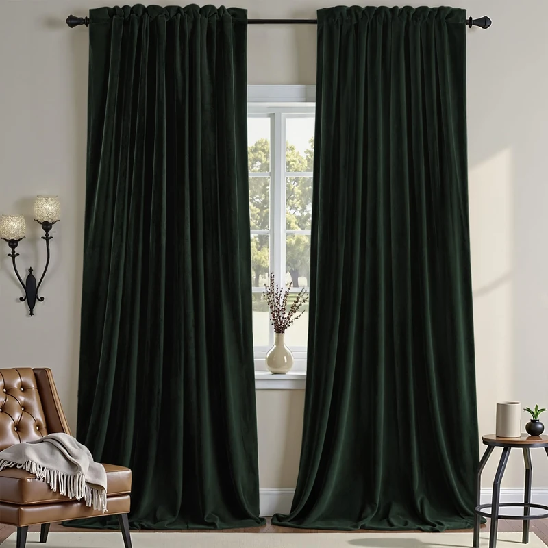 Nemia Dark Green Velvet Curtains Thermal Insulated Blackout Curtain for Bedroom Window Living Room Darkening Luxury Vintage 108 Inches Long Heavy Drapes Panels Rod Pocket Set of 2