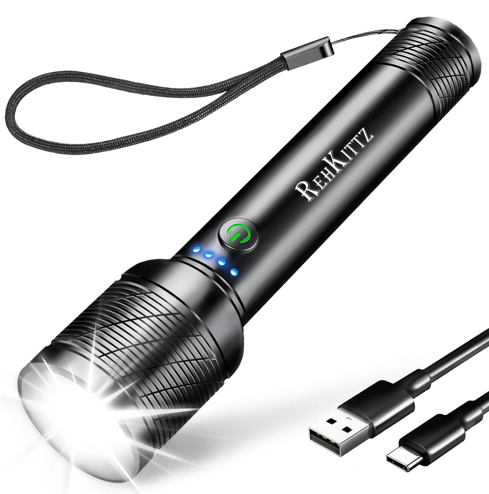REHKITTZ Torch, LED Rechargeable Torches(Built-in Large Capacity Battery) 2200 Lumen Super Bright Flashlight with Power Display,Long Working Time,Aluminum Alloy,5 Light Modes,Zoomable Torch