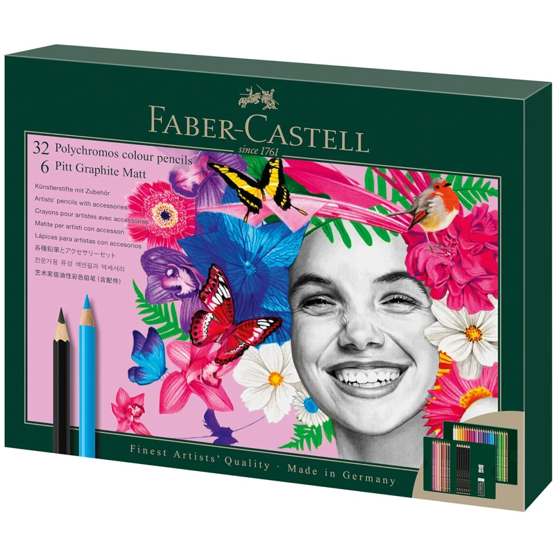 Faber-Castell 210053 Drawing Set 40 Pieces with Polychromos Colouring Pencils and Pencils Pitt Graphite Matt, Includes Sharpener and Eraser