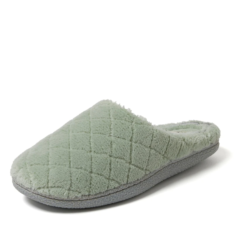 Dearfoams Women's Leslie Washable Memory Foam Terry Clog with Wide Widths Slipper, Juniper Green, 7-8