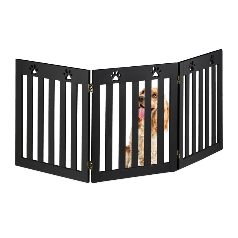 Relaxdays Dog Barrier Fence, 3-part, Free-standing, Stair Gate Protection, HxW: 60 x 153 cm, Foldable, Safety, Black, Fibreboard, 60 x 153 x 2 cm