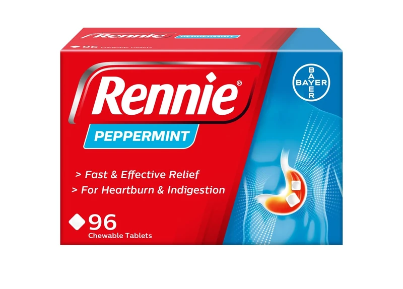 Rennie Peppermint Flavour Antacid, Heartburn and Indigestion Chewable Tablets, 1 Pack of 96 Tablets - Gets to Work in 60 Seconds for Fast and Effective Heartburn Relief