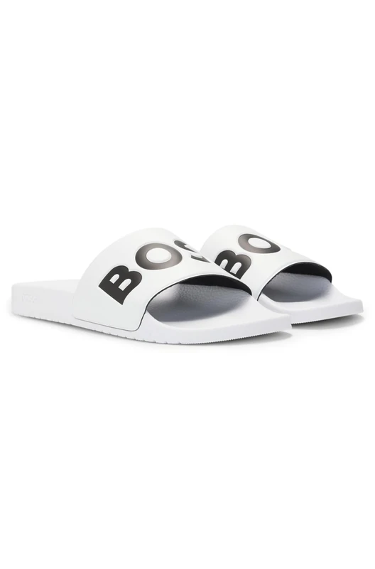 BOSS Mens Aryeh Sliders, Comfy Footbed Sandals Pool Shoes White/Black 101 7 UK