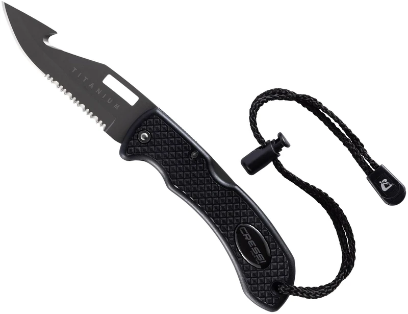 Cressi Chaku Knife - Diving Knife with Double Serrated and Smooth Titanium Blade, Ideal for Diving and Apnea, Black/Titanium Blade, One Size, Adult Unisex