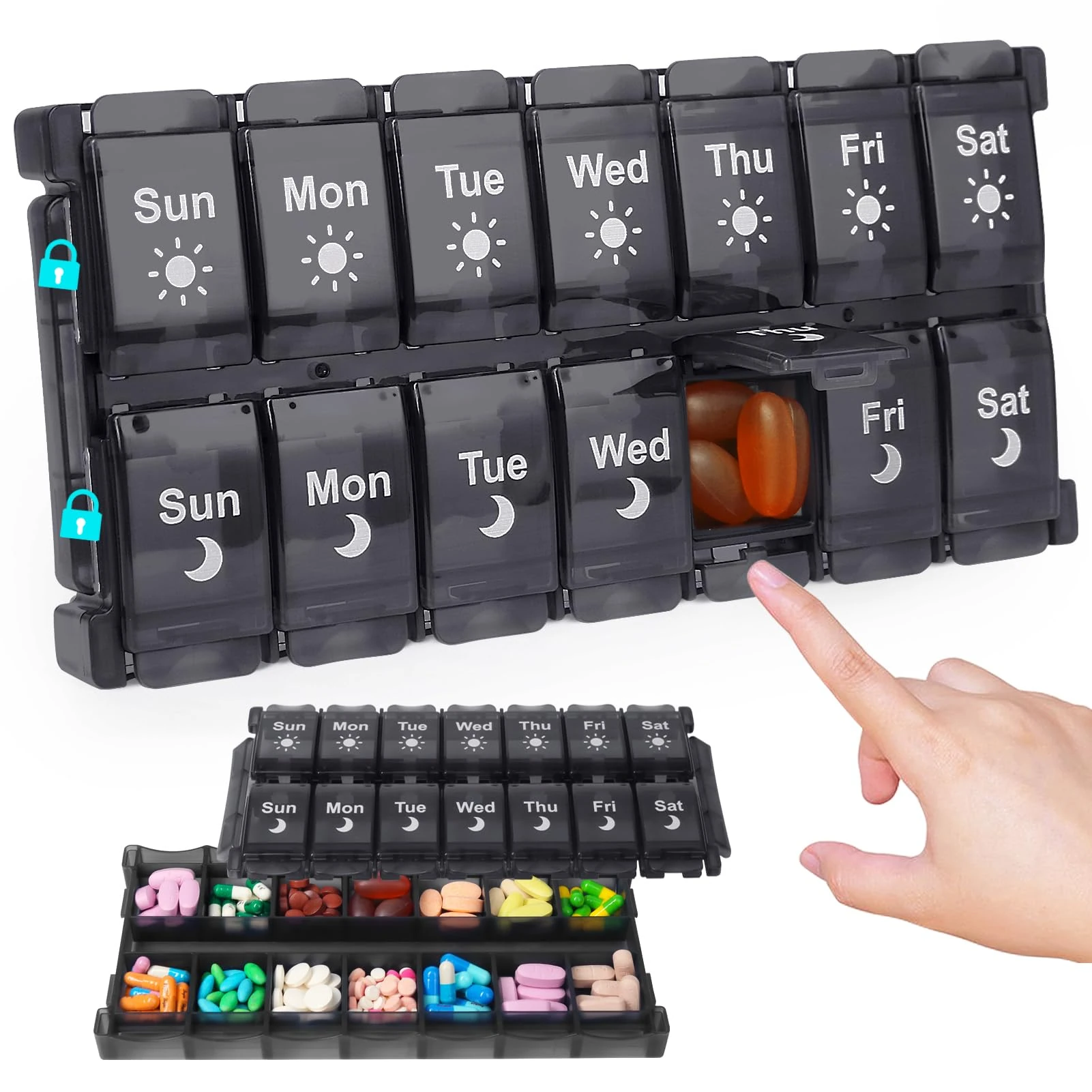 Pill Organiser 7 Day 2 Times, Easy Fill Push Button Large Weekly AM PM Pill Box for Vitamin, Fish Oil, Supplements Tablet Organiser(Black)