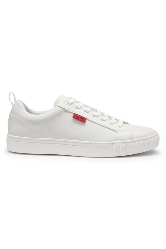 HUGO Mens Morrie Tenn Faux-Leather Trainers with red Logo Flag Size 10