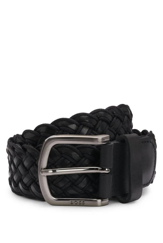 BOSS Men's Sash-WnLC Sz35 Woven Leather Belt with Logo Clasp, Black 1, 110 cm
