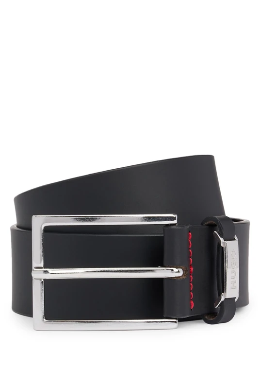 HUGO Men's Gabriel Sz35 Leather Belt with Logo Loop and Polished Metal Details, Black 1, 95
