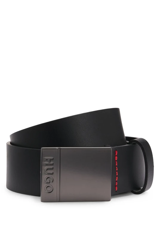 HUGO Mens Goswin Sz35 Italian-leather belt with logo-engraved plaque buckle