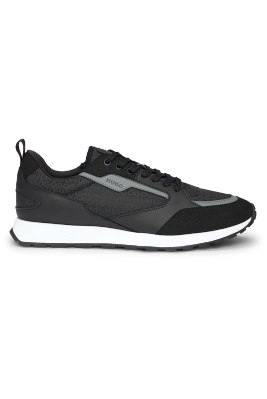 HUGO Mens Icelin Runn Mixed-Material lace-up Trainers with Monogrammed Upper Size 5 Black