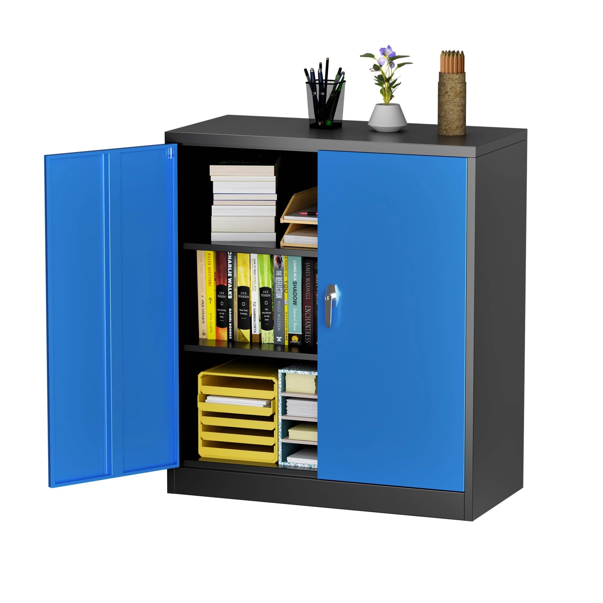 SUPEER Metal Storage Cabinet with Locking Doors & Shelves,Lockable Steel Storage Cabinet with 2 Adjustable Shelves,Home,Office,H90 x W80 x D40cm Assembly Required(Black/Blue)