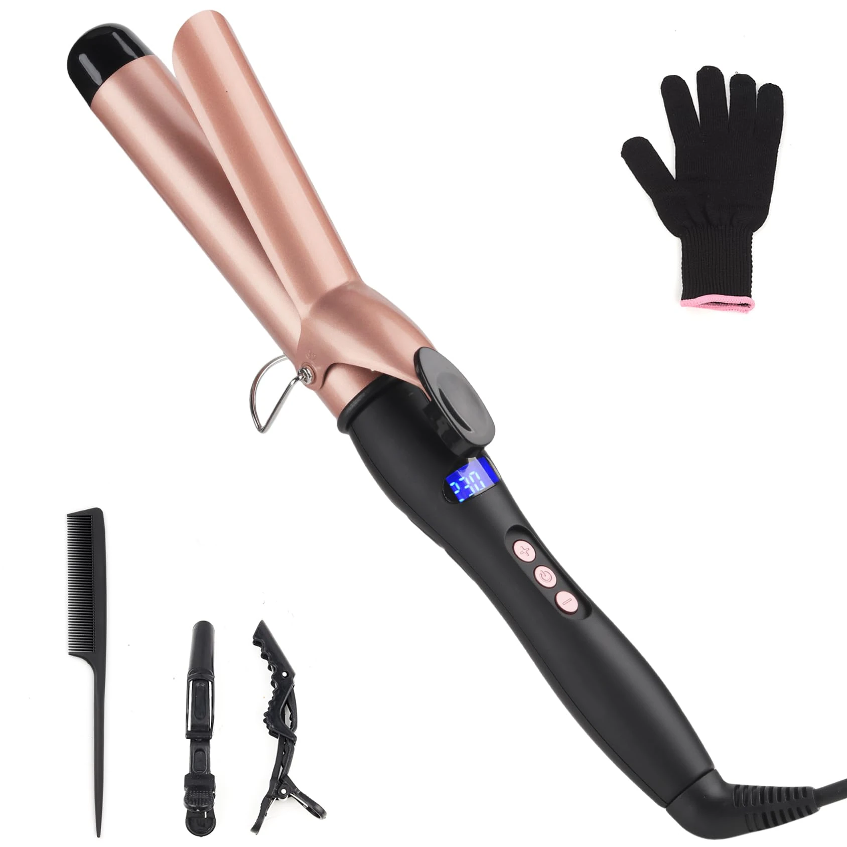 Curling Wand 32MM Curling Tongs with cilp Large Barrel Curling Iron Adjustable Temperature, Professional Hair Curler with Glove for Long & Medium Hair, Dual Voltage