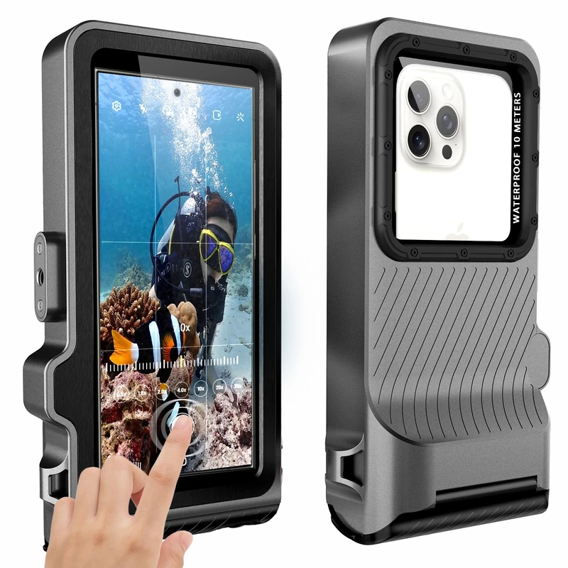 Waterproof Phone Case, Outdoor Diving Snorkeling Swimming Surfing Cover, Underwater Touch Screen Housing for iPhone 16 Pro Max Samsung S25 Ultra No More Than 6.9 Inch (Black Gray, 4TH GEN)