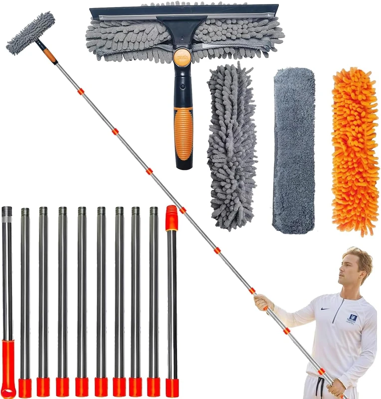 20 ft+ Reach Squeegee Window Cleaner Duster 2 in 1 Rotatable Window Cleaning Tool Kit with 3-14 ft Extension Pole, Window Washing Equipment for Indoor Outdoor Window Car Glass - 3 Pads